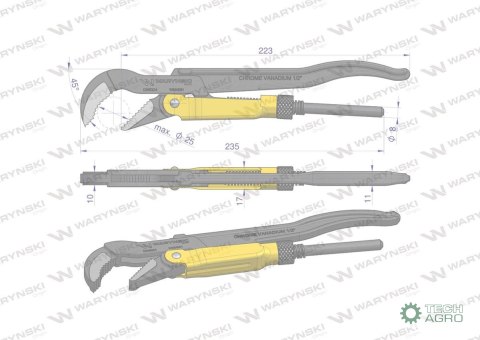 Szczypce nastawne szwedzkie do rur szczęki typ 45° o rozstawie max 25mm długość 235mm Waryński Szczypce nastawne szwedzkie do rur szczęki typ 45° o rozstawie max 25mm długość 235mm Waryński