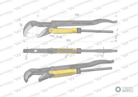 Szczypce nastawne szwedzkie do rur szczęki typ 45° o rozstawie max 40mm długość 330mm Waryński Szczypce nastawne szwedzkie do rur szczęki typ 45° o rozstawie max 40mm długość 330mm Waryński