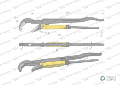 Szczypce nastawne szwedzkie do rur szczęki typ 45° o rozstawie max 55mm długość 420mm Waryński Szczypce nastawne szwedzkie do rur szczęki typ 45° o rozstawie max 55mm długość 420mm Waryński