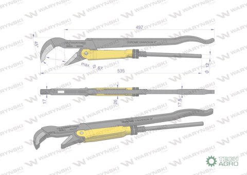 Szczypce nastawne szwedzkie do rur szczęki typ 45° o rozstawie max 67mm długośc 535mm Waryński Szczypce nastawne szwedzkie do rur szczęki typ 45° o rozstawie max 67mm długośc 535mm Waryński