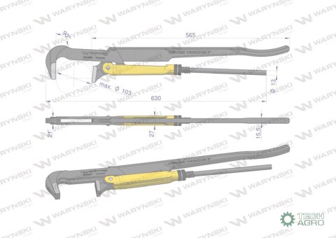 Szczypce nastawne szwedzkie do rur szczęki typ 90° o rozstawie max 103mm 3" długość 630mm Waryński Szczypce nastawne szwedzkie do rur szczęki typ 90° o rozstawie max 103mm 3" długość 630mm Waryński