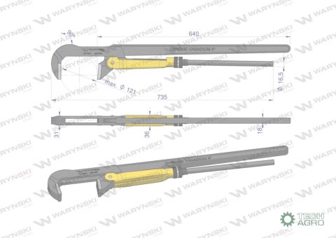 Szczypce nastawne szwedzkie do rur szczęki typ 90° o rozstawie max 121mm długość 735mm Waryński Szczypce nastawne szwedzkie do rur szczęki typ 90° o rozstawie max 121mm długość 735mm Waryński