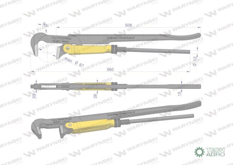 Szczypce nastawne szwedzkie do rur szczęki typ 90° o rozstawie max 67mm 2" długość 560mm Waryński Szczypce nastawne szwedzkie do rur szczęki typ 90° o rozstawie max 67mm 2" długość 560mm Waryński