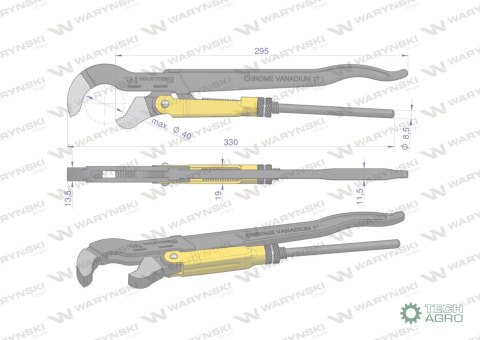 Szczypce nastawne szwedzkie do rur szczęki typ S o rozstawie max 40mm długość 330mm Waryński Szczypce nastawne szwedzkie do rur szczęki typ S o rozstawie max 40mm długość 330mm Waryński