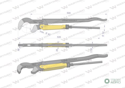 Szczypce nastawne szwedzkie do rur szczęki typ S o rozstawie max 67mm długość 535mm Waryński Szczypce nastawne szwedzkie do rur szczęki typ S o rozstawie max 67mm długość 535mm Waryński