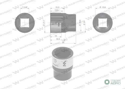 "Nasadka dwunastokątna 3/8"". 15 mm. CrV 0BV30. DIN 3124. Waryński "Nasadka dwunastokątna 3/8"". 15 mm. CrV 0BV30. DIN 3124. Waryński