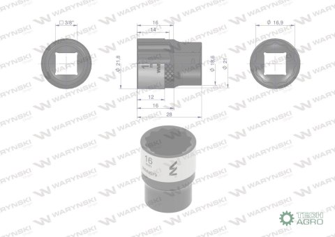 "Nasadka dwunastokątna 3/8"". 16 mm. CrV 0BV30. DIN 3124. Waryński "Nasadka dwunastokątna 3/8"". 16 mm. CrV 0BV30. DIN 3124. Waryński