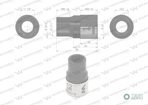 "Nasadka sześciokątna 1/2"". 12 mm. CrV5 BV30. DIN 3124. Waryński "Nasadka sześciokątna 1/2"". 12 mm. CrV5 BV30. DIN 3124. Waryński