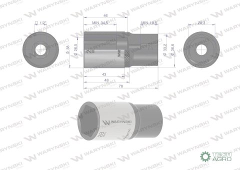 "Nasadka sześciokątna 1/2"". 28 mm. dług . CrV50BV30. DIN 3124. Waryński "Nasadka sześciokątna 1/2"". 28 mm. dług . CrV50BV30. DIN 3124. Waryński