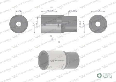 "Nasadka sześciokątna 1/2"". 30 mm. dług . CrV50BV30. DIN 3124. Waryński "Nasadka sześciokątna 1/2"". 30 mm. dług . CrV50BV30. DIN 3124. Waryński