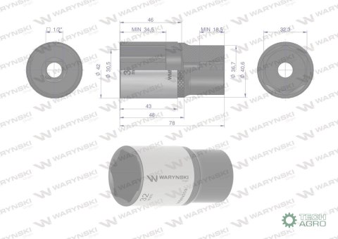 "Nasadka sześciokątna 1/2"". 32 mm. dług . CrV50BV30. DIN 3124. Waryński "Nasadka sześciokątna 1/2"". 32 mm. dług . CrV50BV30. DIN 3124. Waryński