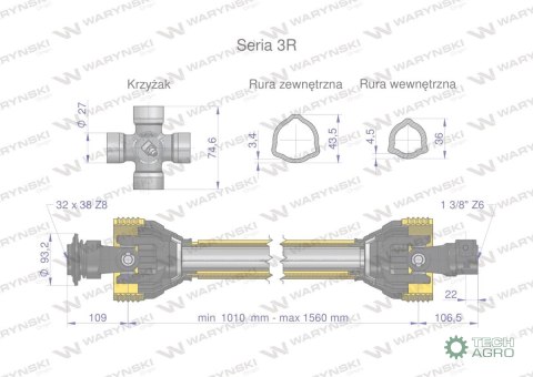 Wał przegubowo-teleskopowy 1010-1560mm 460Nm 32X38 Z8 rosyjski CE seria 3R WARYŃSKI Wał przegubowo-teleskopowy 1010-1560mm 460Nm 32X38 Z8 rosyjski CE seria 3R WARYŃSKI
