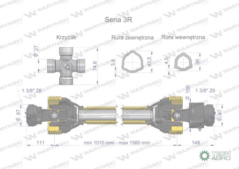 Wał przegubowo-teleskopowy 1010-1560mm 460Nm sprzęgło jednokierunkowe CE 2020 seria 3R WARYŃSKI Wał przegubowo-teleskopowy 1010-1560mm 460Nm sprzęgło jednokierunkowe CE 2020 seria 3R WARYŃSKI