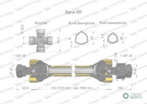 Wał przegubowo-teleskopowy 1010-1560mm 830Nm sprzęgło jednokierunkowe CE 2020 seria 6R WARYŃSKI Wał przegubowo-teleskopowy 1010-1560mm 830Nm sprzęgło jednokierunkowe CE 2020 seria 6R WARYŃSKI