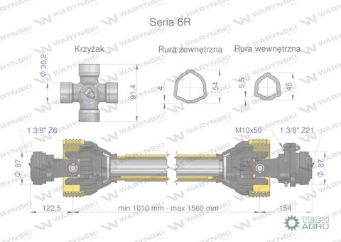 Wał przegubowo-teleskopowy 1010-1560mm 830Nm sprzęgło z kołkiem Z21 2500 Nm CE 2020 seria 6R Waryński Wał przegubowo-teleskopowy 1010-1560mm 830Nm sprzęgło z kołkiem Z21 2500 Nm CE 2020 seria 6R Waryński