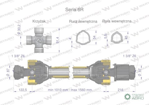 Wał przegubowo-teleskopowy 1010-1560mm 830Nm sprzęgło zapadkowe 1200 Nm CE 2020 seria 6R Waryński Wał przegubowo-teleskopowy 1010-1560mm 830Nm sprzęgło zapadkowe 1200 Nm CE 2020 seria 6R Waryński