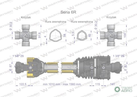 Wał przegubowo-teleskopowy 1010-1560mm 830Nm szerokokątny CE 2020 seria 6R WARYŃSKI Wał przegubowo-teleskopowy 1010-1560mm 830Nm szerokokątny CE 2020 seria 6R WARYŃSKI