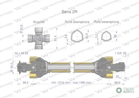 Wał przegubowo-teleskopowy 1010-1580mm 270Nm 32X38 Z8 rosyjski 40270 CE seria 2R WARYŃSKI Wał przegubowo-teleskopowy 1010-1580mm 270Nm 32X38 Z8 rosyjski 40270 CE seria 2R WARYŃSKI