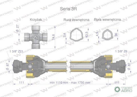 Wał przegubowo-teleskopowy 1110-1750mm 460Nm widłak Z21 CE 2020 seria 3R WARYŃSKI Wał przegubowo-teleskopowy 1110-1750mm 460Nm widłak Z21 CE 2020 seria 3R WARYŃSKI