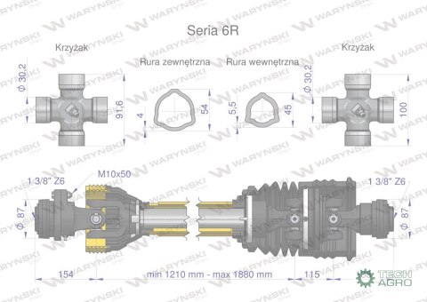 Wał przegubowo-teleskopowy 1210-1880mm 830Nm sprzęgło z kołkiem 2200Nm z drugiej stron szerokokątny CE 2020 seria 6R Waryński Wał przegubowo-teleskopowy 1210-1880mm 830Nm sprzęgło z kołkiem 2200Nm z drugiej stron szerokokątny CE 2020 seria 6R Waryński
