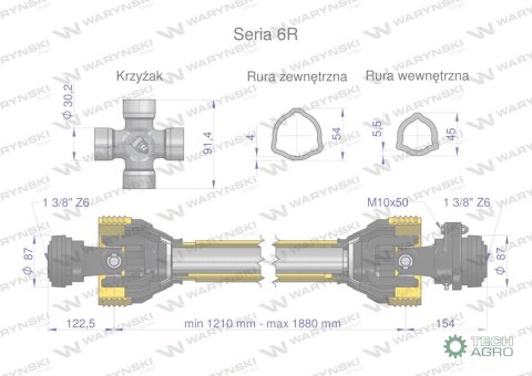 Wał przegubowo-teleskopowy 1210-1880mm 830Nm sprzęgło z kołkiem 2500Nm CE 2020 seria 6R Waryński Wał przegubowo-teleskopowy 1210-1880mm 830Nm sprzęgło z kołkiem 2500Nm CE 2020 seria 6R Waryński
