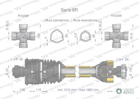 Wał przegubowo-teleskopowy 1210-1880mm 830Nm szerokokątny z drugiej stron Z6 - 1 3/4 CE 2020 seria 6R Waryński Wał przegubowo-teleskopowy 1210-1880mm 830Nm szerokokątny z drugiej stron Z6 - 1 3/4 CE 2020 seria 6R Waryński