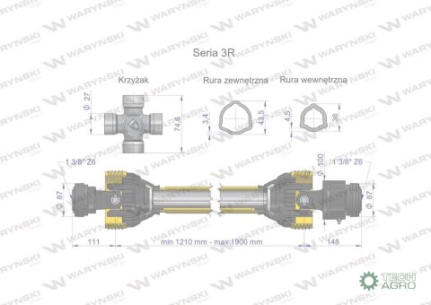 Wał przegubowo-teleskopowy 1210-1900mm 460Nm sprzęgło jednokierunkowe CE 2020 seria 3R Waryński Wał przegubowo-teleskopowy 1210-1900mm 460Nm sprzęgło jednokierunkowe CE 2020 seria 3R Waryński
