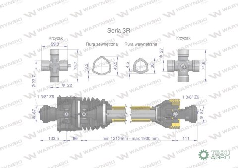 Wał przegubowo-teleskopowy 1210-1900mm 460Nm szerokokątny CE 2020 seria 3R WARYŃSKI Wał przegubowo-teleskopowy 1210-1900mm 460Nm szerokokątny CE 2020 seria 3R WARYŃSKI
