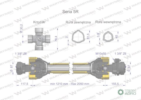 Wał przegubowo-teleskopowy 1210-2050mm 620Nm sprzęgło z kołkiem 2200Nm 60290 CE 2020 seria 5R Waryński Wał przegubowo-teleskopowy 1210-2050mm 620Nm sprzęgło z kołkiem 2200Nm 60290 CE 2020 seria 5R Waryński