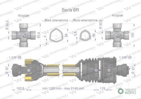 Wał przegubowo-teleskopowy 1320-2140mm 830Nm szerokokątny CE 2020 seria 6R Waryński Wał przegubowo-teleskopowy 1320-2140mm 830Nm szerokokątny CE 2020 seria 6R Waryński