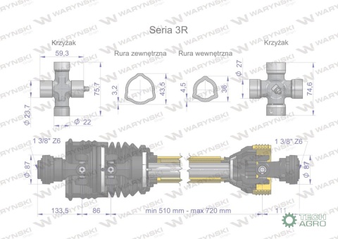 Wał przegubowo-teleskopowy 510-720mm 460Nm szerokokątny CE 2020 seria 3R WARYŃSKI Wał przegubowo-teleskopowy 510-720mm 460Nm szerokokątny CE 2020 seria 3R WARYŃSKI