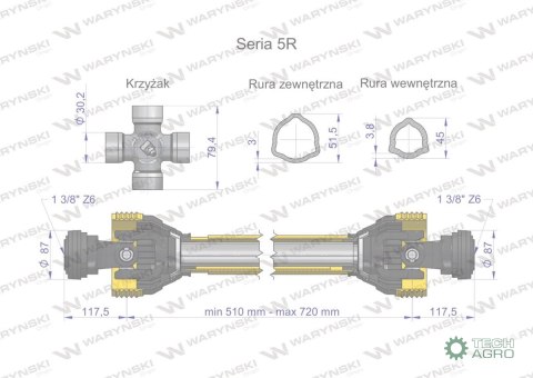 Wał przegubowo-teleskopowy 510-720mm 620Nm 60210 CE 2020 seria 5R WARYŃSKI Wał przegubowo-teleskopowy 510-720mm 620Nm 60210 CE 2020 seria 5R WARYŃSKI