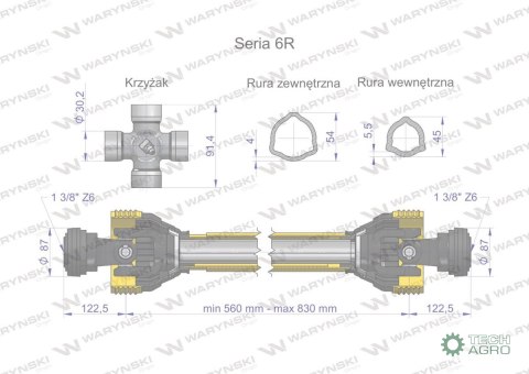 Wał przegubowo-teleskopowy 560-830mm 830N CE 2020 seria 6R WARYŃSKI Wał przegubowo-teleskopowy 560-830mm 830N CE 2020 seria 6R WARYŃSKI