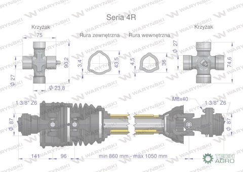 Wał przegubowo-teleskopowy 860-1050mm 540Nm szerokokątny dr. st. sprzęgło z kołkiem 1900 Nm CE 2020 seria 4R Waryński Wał przegubowo-teleskopowy 860-1050mm 540Nm szerokokątny dr. st. sprzęgło z kołkiem 1900 Nm CE 2020 seria 4R Waryński