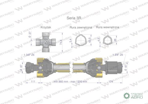 Wał przegubowo-teleskopowy 860-1200mm 460Nm sprzęgło zapadkowe CE 2020 seria 3R WARYŃSKI Wał przegubowo-teleskopowy 860-1200mm 460Nm sprzęgło zapadkowe CE 2020 seria 3R WARYŃSKI