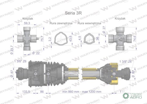 Wał przegubowo-teleskopowy 860-1200mm 460Nm szerokokątny CE 2020 seria 3R WARYŃSKI Wał przegubowo-teleskopowy 860-1200mm 460Nm szerokokątny CE 2020 seria 3R WARYŃSKI