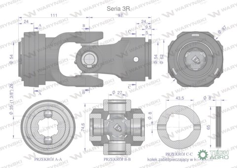 Przegub kompletny z krzyżakiem 27X74.6 seria 3 do rury zewnętrznej 43.5mm Waryński Przegub kompletny z krzyżakiem 27X74.6 seria 3 do rury zewnętrznej 43.5mm Waryński