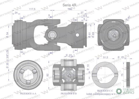 Przegub kompletny z krzyżakiem 27X82 seria 4 do rury zewnętrznej 51.5mm Waryński Przegub kompletny z krzyżakiem 27X82 seria 4 do rury zewnętrznej 51.5mm Waryński