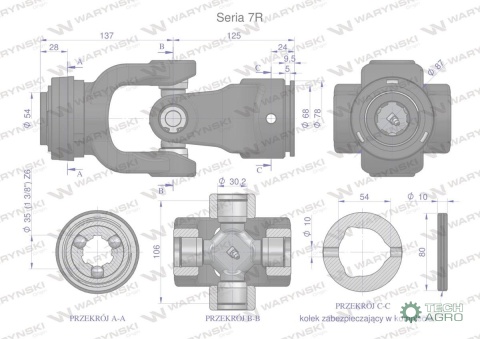 Przegub kompletny z krzyżakiem 30X106 seria 7 do rury zewnętrznej 54mm Waryński Przegub kompletny z krzyżakiem 30X106 seria 7 do rury zewnętrznej 54mm Waryński