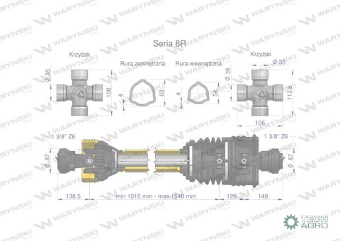Wał przegubowo-teleskopowy 1010-1540mm 1240Nm szerokokątny CE 2020 seria 8R Waryński Wał przegubowo-teleskopowy 1010-1540mm 1240Nm szerokokątny CE 2020 seria 8R Waryński