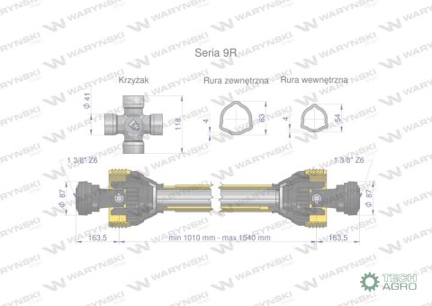 Wał przegubowo-teleskopowy 1010-1540mm 1890Nm CE 2020 seria 9R Waryński Wał przegubowo-teleskopowy 1010-1540mm 1890Nm CE 2020 seria 9R Waryński