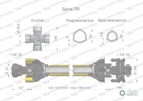 Wał przegubowo-teleskopowy 1010-1560mm 970Nm sprzęgło cierne 1700Nm CE 2020 seria 7R Waryński Wał przegubowo-teleskopowy 1010-1560mm 970Nm sprzęgło cierne 1700Nm CE 2020 seria 7R Waryński