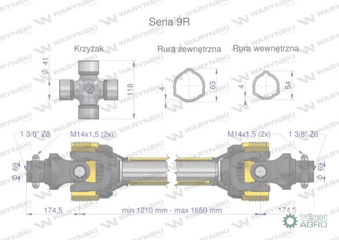 Wał przegubowo-teleskopowy 1210-1650mm 1890Nm skręcany na dwie śruby z obu stron CE 2020 seria 9R Waryński Wał przegubowo-teleskopowy 1210-1650mm 1890Nm skręcany na dwie śruby z obu stron CE 2020 seria 9R Waryński