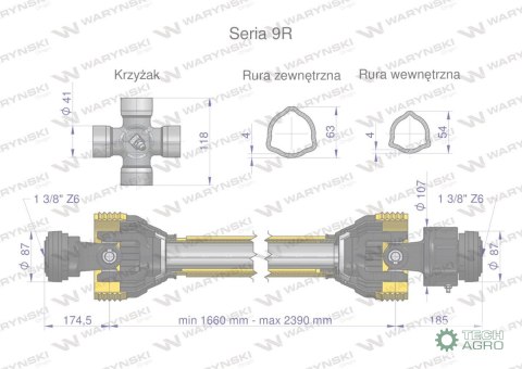 Wał przegubowo-teleskopowy 1660-2390mm 1890Nm sprzęgło jednokierunkowe CE 2020 seria 9R Waryński Wał przegubowo-teleskopowy 1660-2390mm 1890Nm sprzęgło jednokierunkowe CE 2020 seria 9R Waryński