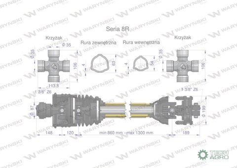 Wał przegubowo-teleskopowy 860-1300mm 1240Nm szerokokątny sprzęgło cierne 2000Nm CE 2020 seria 8R Waryński Wał przegubowo-teleskopowy 860-1300mm 1240Nm szerokokątny sprzęgło cierne 2000Nm CE 2020 seria 8R Waryński