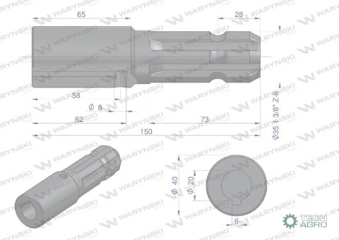 Redukcja adapter na wpust otwór wew. Q 20 mm na wałek 1 3/8" 6 wpustów WARYŃSKI Redukcja adapter na wpust otwór wew. Q 20 mm na wałek 1 3/8" 6 wpustów WARYŃSKI