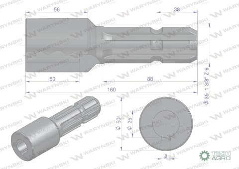 Redukcja adapter na wpust otwór wew. Q 25 mm na wałek 1 3/8" 6 wpustów WARYŃSKI Redukcja adapter na wpust otwór wew. Q 25 mm na wałek 1 3/8" 6 wpustów WARYŃSKI