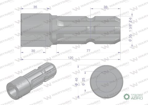 Redukcja adapter otwór wew. Q 25 mm na wałek 1 3/8" 6 wpustów WARYŃSKI Redukcja adapter otwór wew. Q 25 mm na wałek 1 3/8" 6 wpustów WARYŃSKI
