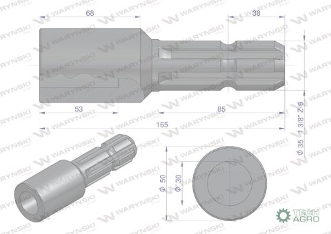 Redukcja adapter otwór wew. Q 30 mm na wałek 1 3/8" 6 wpustów WARYŃSKI Redukcja adapter otwór wew. Q 30 mm na wałek 1 3/8" 6 wpustów WARYŃSKI