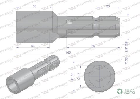 Redukcja adapter otwór wew. Q 35 mm na wałek 1 3/8" 6 wpustów WARYŃSKI Redukcja adapter otwór wew. Q 35 mm na wałek 1 3/8" 6 wpustów WARYŃSKI